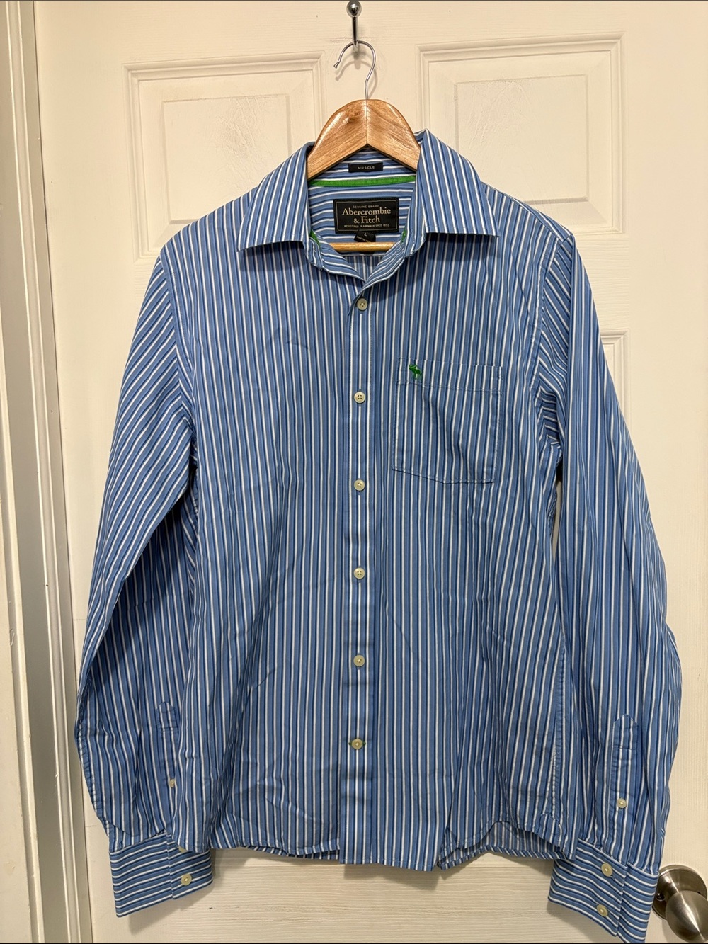 Abercrombie & Fitch Muscle Fit Blue and White Striped Button Up Shirt